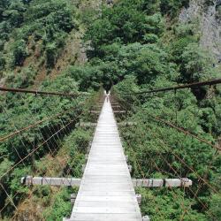 吊橋距下方的薩克亞金溪，約有100多公尺深，吊索與橋板間為鐵絲交織而成的防護網，於橋板兩側左右向外側延伸。